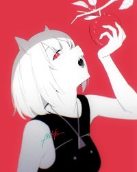 Rule 34 | 1girl, animal ears, apple, arm up, bare arms, bare shoulders, black shirt, breasts, food, fruit, hair over one eye, holding, holding food, holding fruit, looking at viewer, medium breasts, mimitoke, original, red apple, red background, red eyes, shirt, signature, simple background, sleeveless, sleeveless shirt, solo