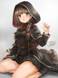 Rule 34 | 1girl, bag, belt, black capelet, black dress, black footwear, blush, boots, braid, brown belt, brown eyes, brown hair, buttons, capelet, dated, dress, hair ribbon, hood, hooded capelet, kantai collection, long hair, long sleeves, open mouth, pleated dress, red ribbon, ribbon, shinshuu maru (kancolle), shoulder bag, signature, solo, toka (marchlizard), twin braids