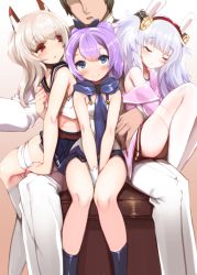 Rule 34 | 1boy, 3girls, :o, animal ears, ayanami (azur lane), azur lane, bare shoulders, between legs, black ribbon, blue eyes, blue skirt, blush, breasts, brown hair, camisole, closed eyes, closed mouth, collarbone, commander (azur lane), commentary request, crop top, girl sandwich, gloves, hair between eyes, hair ornament, hair ribbon, hairband, hand between legs, harigane shinshi, head out of frame, head tilt, highres, jacket, javelin (azur lane), laffey (azur lane), light brown hair, long hair, long sleeves, looking at another, looking at viewer, looking back, military, military jacket, military uniform, multiple girls, off shoulder, pants, parted lips, pink jacket, pleated skirt, ponytail, purple hair, rabbit ears, red eyes, red hairband, red skirt, ribbon, sandwiched, school uniform, serafuku, shirt, silver hair, sitting, sitting on lap, sitting on person, skirt, sleeping, sleeveless, sleeveless shirt, small breasts, smile, thighhighs, twintails, uniform, v arms, white camisole, white gloves, white jacket, white legwear, white pants, white shirt