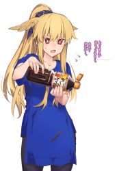 Rule 34 | 1girl, :o, alternate costume, alternate hairstyle, apron, black pants, blonde hair, blue apron, blue ribbon, blue shirt, blush, casual, collarbone, commentary request, contemporary, fate/grand order, fate (series), hair ribbon, head wings, highres, long hair, mitsurugi sugar, pants, ponytail, red eyes, ribbon, shirt, simple background, solo, sweatdrop, thrud (fate), valkyrie (fate), white background, wings