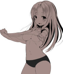 Rule 34 | 1girl, bad id, bad pixiv id, blush, breasts, clothes lift, highres, long hair, medium breasts, monochrome, navel, open mouth, pokachu, shirt lift, simple background, smile, solo, underboob, white background