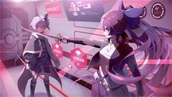 Rule 34 | 2girls, benghuai xueyuan, black jacket, black skirt, bow, closed mouth, hair bow, hair ornament, highres, holding, holding sword, holding weapon, honkai (series), indoors, jacket, katana, long hair, long sleeves, looking at viewer, multiple girls, official art, open clothes, open jacket, polo shirt, ponytail, purple hair, purple legwear, purple shorts, raiden mei (benghuai xueyuan), scarf, shirt, short hair, shorts, sin mal (benghuai xueyuan), skirt, standing, sword, thighhighs, third-party source, weapon, white scarf, white shirt, yellow eyes