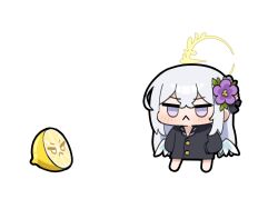 Rule 34 | 1girl, :&lt;, azusa (blue archive), black shirt, blue archive, buttons, chibi, closed mouth, commentary request, dwon1226, flower, food, fruit, grey hair, hair flower, hair ornament, halo, hand in pocket, highres, jitome, korean commentary, lemon, lemon slice, long hair, low wings, purple eyes, purple flower, shirt, simple background, solo, standing, white background, white wings, wings, yellow halo