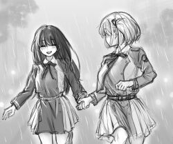 Rule 34 | 2girls, belt, blush, bob cut, closed eyes, collared shirt, commentary, doodle943545, dress, greyscale, hair ribbon, holding hands, inoue takina, long hair, long sleeves, looking at another, lycoris recoil, lycoris uniform, monochrome, multiple girls, neck ribbon, nishikigi chisato, one side up, open mouth, pleated dress, rain, ribbon, running, shirt, short hair, sketch, smile, symbol-only commentary, yuri