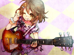 Rule 34 | 1girl, ameiro, bad id, bad pixiv id, brown eyes, brown hair, dress, face, guitar, hirasawa yui, instrument, k-on!, mouth hold, one eye closed, pantyhose, plectrum, short hair, solo, wink