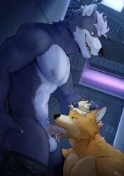 Rule 34 | 2boys, 9klipse, abs, animal ears, claws, commentary, dated, english commentary, erection, fangs, fellatio, fox boy, fox ears, fox mccloud, furry, furry male, half-closed eyes, hand on another&#039;s head, highres, looking at another, looking down, male focus, multiple boys, muscular, muscular male, nintendo, nipples, open mouth, oral, pectorals, penis, saliva, signature, smile, star fox, testicles, topless male, wolf boy, wolf ears, wolf o&#039;donnell