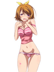Rule 34 | 10s, 1girl, blonde hair, blush, brown hair, camisole, cowboy shot, gluteal fold, hair ribbon, half-closed eyes, hand on own cheek, hand on own face, kikuchi tsutomu, koizumi hanayo, looking at viewer, love live!, love live! school idol festival, love live! school idol project, navel, open mouth, panties, panty pull, pink panties, pink shirt, purple eyes, ribbon, saliva, shirt, short hair, simple background, solo, standing, strap slip, striped clothes, striped panties, sweat, tattoo, tearing up, underwear, underwear only, wavy mouth, white background