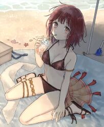 Rule 34 | 1girl, armlet, atelier (series), atelier sophie, bare shoulders, beach, bendy straw, bikini, blush, breasts, brown bikini, brown footwear, cleavage, cup, disposable cup, drink, drinking, drinking straw, fingernails, hand on own leg, hand up, hani (udauda), ice, ice cube, medium breasts, orange eyes, red hair, sand, sandals, seashell, shell, short hair, shovel, sitting, solo, sophie neuenmuller, starfish, swimsuit, thighlet, toenails, wariza, water