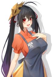 Rule 34 | 1girl, :d, ahoge, alternate costume, apron, azur lane, bird mask, black hair, bow, breasts, commentary request, contemporary, employee uniform, eyes visible through hair, hair between eyes, hair bow, hair ribbon, highres, large breasts, long hair, looking at viewer, mask, mask on head, name tag, open mouth, orange shirt, red eyes, ribbon, shadow, shirt, short sleeves, sidelocks, simple background, skirt, smile, solo, taihou (azur lane), translation request, uniform, white background, yellow skirt, yorugami rei