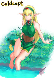 Rule 34 | 1girl, bare shoulders, barefoot, belt, blonde hair, breasts, copyright name, culdcept, earrings, elf, female focus, grass, hairband, highres, jewelry, kigi, large breasts, long hair, low-tied long hair, pointy ears, sitting, soaking feet, solo, tetsu (kimuchi), toes, tunic, very long hair, water