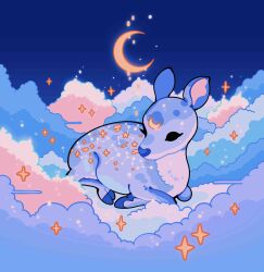 Rule 34 | absurdres, animal focus, blue background, cloud, constellation, crescent moon, deer, dripping, highres, meyoco, moon, no humans, original, sparkle