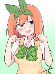 Rule 34 | 1girl, :d, blue eyes, blush, bow, breasts, collared shirt, commentary request, eyebrows hidden by hair, go-toubun no hanayome, gradient background, green background, green bow, green ribbon, green skirt, hair between eyes, hair ribbon, hands up, head tilt, highres, kujou karasuma, looking at viewer, medium breasts, nakano yotsuba, open mouth, orange hair, ribbon, shirt, short sleeves, signature, skirt, smile, solo, sweater vest, white background, white shirt