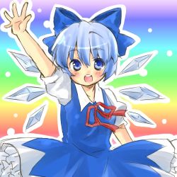 Rule 34 | 1girl, arm up, blue eyes, blue hair, blush, bow, cirno, hair bow, ice, ice wings, matching hair/eyes, open mouth, rainbow background, ryou-tan+, solo, touhou, wings