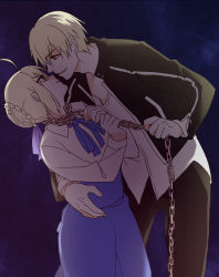 Rule 34 | 1boy, 1girl, ahoge, artoria pendragon (all), artoria pendragon (fate), bdsm, blonde hair, bondage, bound, chain, fate/stay night, fate (series), gilgamesh (fate), green eyes, ha84no, hair ribbon, height difference, official alternate costume, red eyes, ribbon, saber (fate), short hair, smile, waist hold