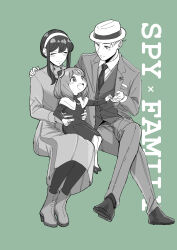 Rule 34 | 1boy, 2girls, absurdres, anya (spy x family), boots, child, closed eyes, coat, commentary request, copyright name, crossed legs, family, father and daughter, formal, green background, greyscale, greyscale with colored background, hat, highres, husband and wife, monochrome, mother and daughter, multiple girls, necktie, open mouth, setouchi mao, sitting, sitting on lap, sitting on person, smile, spy x family, suit, twilight (spy x family), vest, yor briar