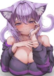 1girl animal_ear_fluff animal_ears blush breast_rest breasts breasts_on_table cat_ears cat_girl cat_tail cleavage clothes_lift hair_between_eyes highres hololive hood hoodie hoodie_lift large_breasts looking_at_viewer medium_hair nekomata_okayu nekomata_okayu_(1st_costume) nekomata_okayu_(wonderland) official_alternate_costume onigiri_print purple_eyes purple_hair shirt skirt solo tail tooya0923 virtual_youtuber zipper_skirt