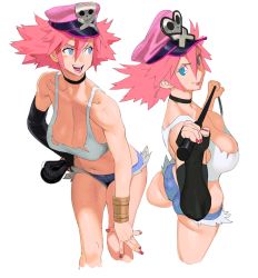 Rule 34 | 1girl, ass, asymmetrical gloves, bare shoulders, blue eyes, blue shorts, breasts, capcom, cleavage, conto, denim, denim shorts, gloves, hat, highres, long hair, marvel, midriff, multiple views, navel, peaked cap, pink hair, poison (final fight), short shorts, shorts, simple background, street fighter, street fighter v, tank top, torn clothes, uneven gloves, whip