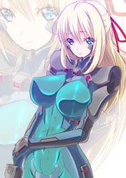 Rule 34 | 1girl, absurdres, blue gloves, blush, bodysuit, breasts, commission, covered erect nipples, covered navel, fortified suit, gloves, green bodysuit, hair ribbon, hand on own arm, heyzan, highres, large breasts, long hair, looking at viewer, muv-luv, muv-luv alternative, original, parted lips, pilot suit, red ribbon, ribbon, skeb commission, skin tight, solo, upper body, zoom layer