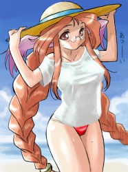 Rule 34 | 1girl, beach, blush, breasts, breath of fire, breath of fire iii, cloud, day, dr.p, glasses, hat, large breasts, momo (breath of fire), ocean, shirt, solo, swimsuit