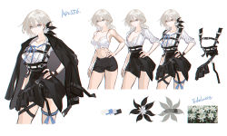 Rule 34 | 1girl, apc556 (girls&#039; frontline), black gloves, black jacket, black shorts, blue eyes, breasts, character sheet, cleavage, collarbone, commentary, fingerless gloves, flower, girls&#039; frontline, gloves, hair between eyes, hair flower, hair ornament, hand on own hip, highres, jacket, jacket on shoulders, long hair, medium breasts, navel, open clothes, open shirt, satsuya, shirt, shorts, white hair, white shirt