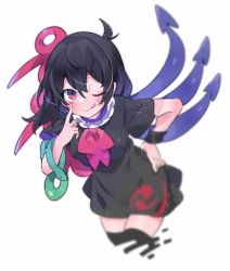 Rule 34 | 1girl, ;q, akagashi hagane, akanbe, asymmetrical wings, black dress, black hair, black thighhighs, blue wings, commentary, cowboy shot, cropped legs, dress, eyelid pull, hand on own hip, hand up, houjuu nue, leaning forward, looking at viewer, one eye closed, red eyes, red neckwear, red wings, short dress, short hair, short sleeves, snake, solo, thighhighs, tomoe (symbol), tongue, tongue out, touhou, white background, wings, wristband