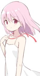 Rule 34 | 1girl, arm at side, armpit crease, bare arms, collarbone, dot nose, dress, expressionless, female focus, flat chest, floating hair, hair between eyes, hair down, hair ornament, hand up, highres, holding, holding hair ornament, kaname madoka, light blush, looking at viewer, mahou shoujo madoka magica, mahou shoujo madoka magica (anime), medium hair, parted lips, pink eyes, pink hair, red ribbon, ribbon, sideways glance, simple background, sleeveless, sleeveless dress, solo, spaghetti strap, tareme, tsubaki (tatajd), white background, white dress