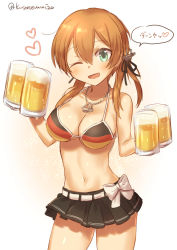 Rule 34 | 10s, 1girl, ;d, alcohol, anchor hair ornament, anchor necklace, bare arms, bare shoulders, beer, beer mug, bikini, bikini top only, black skirt, blonde hair, blush, bow, breasts, cleavage, collarbone, contrapposto, cowboy shot, cup, flag print, german flag, german flag bikini, gradient background, green eyes, hair between eyes, hair ornament, halterneck, heart, holding, jewelry, kantai collection, long hair, looking at viewer, medium breasts, miniskirt, mk, mug, navel, necklace, one eye closed, open mouth, pendant, pleated skirt, prinz eugen (kancolle), skirt, smile, solo, speech bubble, standing, stomach, striped bikini, striped clothes, swimsuit, tareme, thighs, translation request, twitter username, w arms, white bow, yellow background