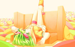 Rule 34 | 1girl, boots, couch, dararito, goggles, goggles on head, green eyes, green hair, gumi, bridal garter, leg up, lying, matching hair/eyes, on back, pillow, short hair, solo, upside-down, vocaloid