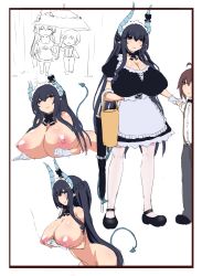 Rule 34 | 1boy, 1girl, absurdres, black hair, bow, breasts, chibi, demon girl, demon horns, demon tail, dress, highres, horn bow, horns, hu sea, huge breasts, legs, long hair, maid, maid cap, multiple views, nipples, nude, original, partially colored, rain, sketch, tail, thighs, umbrella, uncensored, white background