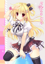 Rule 34 | 1girl, black thighhighs, blonde hair, blush, bow, breasts, hair bow, hair ornament, hairclip, large breasts, long hair, looking at viewer, mitha, original, red eyes, salute, school uniform, short sleeves, skirt, smile, solo, thighhighs, zettai ryouiki