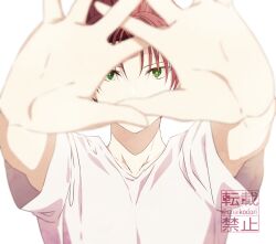 Rule 34 | 1boy, covered mouth, green eyes, idolmaster, idolmaster side-m, idolmaster side-m growing stars, kame (unaikodori), looking at viewer, male focus, mayumi eishin, outstretched hand, red hair, shirt, short sleeves, signature, solo, tagme, twitter username, white background, white shirt