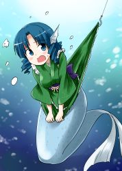 Rule 34 | 1girl, blue eyes, blue hair, clothes lift, covering privates, covering crotch, fins, fishing hook, fishing line, head fins, japanese clothes, kimono, kousei (public planet), matching hair/eyes, mermaid, monster girl, obi, open mouth, sash, skirt, skirt lift, solo, touhou, underwater, wakasagihime