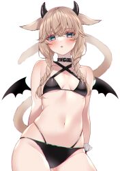 Rule 34 | 1girl, absurdres, animal ears, bare shoulders, bikini, black bikini, black choker, black horns, blush, braid, breasts, cat ears, cat girl, cat tail, chitose (chi candy), choker, commentary, contrapposto, cowboy shot, criss-cross halter, crossed bangs, demon horns, demon wings, facial mark, final fantasy, final fantasy xiv, green eyes, halloween, halterneck, highres, horns, light brown hair, long hair, looking at viewer, miqo&#039;te, navel, parted lips, simple background, small breasts, solo, stomach, swimsuit, tail, twin braids, warrior of light (ff14), whisker markings, white background, wings, wrist cuffs