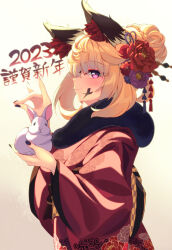 Rule 34 | 1girl, 2023, animal, animal ears, blonde hair, blush, closed mouth, commentary request, flower, gradient background, hair flower, hair ornament, highres, japanese clothes, kimono, looking at viewer, mizuyoukan (mikususannda), original, pink eyes, profile, rabbit, red kimono, short hair, smile, solo, translation request, yellow background