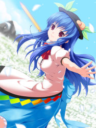 Rule 34 | 1girl, blue hair, female focus, food, fruit, gotou jin, hat, hinanawi tenshi, long hair, outstretched hand, peach, petals, red eyes, solo, sword of hisou, touhou