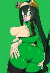 Rule 34 | 10s, 1girl, :&gt;, ass, ass grab, asui tsuyu, bad id, bad twitter id, black eyes, bodysuit, boku no hero academia, breasts, breasts out, cowboy shot, deep skin, eyes visible through hair, frog girl, from behind, goggles, goggles on head, grabbing own ass, green background, green bodysuit, green theme, hair between eyes, hair rings, highres, legs together, long hair, long tongue, looking at viewer, looking back, low-tied long hair, medium breasts, nipples, parted bangs, shiny clothes, shiny skin, simple background, skin tight, slugbox, solo, spread ass, standing, thighs, tongue, tongue out, very long hair
