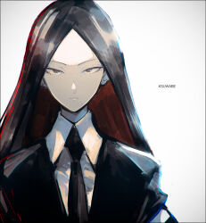 Rule 34 | 1other, androgynous, artist name, black hair, black jacket, black necktie, bort, closed mouth, collared shirt, colored inner hair, colored skin, expressionless, gem uniform (houseki no kuni), houseki no kuni, jacket, k-suwabe, long hair, looking at viewer, multicolored hair, necktie, other focus, parted bangs, portrait, red hair, shirt, solo, straight-on, two-tone hair, upper body, white background, white shirt, white skin