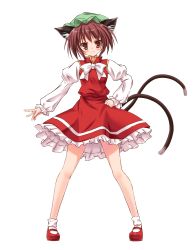 Rule 34 | 1girl, :3, animal ears, blush, brown eyes, brown hair, cat ears, cat girl, cat tail, chen, dress, female focus, full body, hand on own hip, hat, highres, looking at viewer, mary janes, multiple tails, murasaki shitsu, shoes, short hair, simple background, smile, socks, solo, standing, tail, touhou, white background, white socks, zi se
