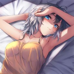 Rule 34 | 1girl, armpits, arms up, bare arms, bare shoulders, bed sheet, blue eyes, breasts, camisole, closed mouth, collarbone, looking at viewer, lying, medium breasts, medium hair, on back, on bed, original, ryuinu, shirt, silver hair, sleeveless, sleeveless shirt, solo, spaghetti strap, yellow shirt