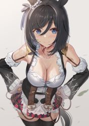 Rule 34 | 1girl, absurdres, animal ears, apron, bare shoulders, black hair, black hairband, black thighhighs, blue eyes, blush, breasts, choker, cleavage, closed mouth, collarbone, commentary request, corset, detached sleeves, eishin flash (umamusume), eyes visible through hair, frilled apron, frilled skirt, frills, hair ornament, hair over one eye, hairband, hairclip, hands on own hips, highres, horse ears, horse girl, horse tail, large breasts, long sleeves, miniskirt, red choker, revision, short hair, skirt, smile, striped clothes, striped skirt, sweat, tail, taki rentaro, thighhighs, two-tone skirt, umamusume, vertical-striped clothes, vertical-striped skirt, waist apron, white apron, zettai ryouiki