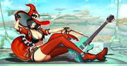 Rule 34 | ass, belt, black hair, black shirt, blouse, boots, breasts, cleavage, electric guitar, fingerless gloves, from side, genzoman, gloves, guilty gear, guitar, hat, highres, i-no, instrument, jacket, knee boots, large breasts, lipstick, looking back, makeup, red footwear, red hat, red jacket, red skirt, sharp teeth, shirt, short hair, sitting, skirt, solo, sunglasses, teeth, thighs, witch hat