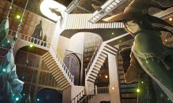 Rule 34 | 1girl, book, book stack, brown coat, brown hat, cape, chain, coat, crystal, fantasy, fine art parody, gate, green cape, hat, highres, holding, holding book, indoors, library, long sleeves, looking at viewer, looking back, magic, orb, original, parody, relativity, sachi (yumemayoi), scenery, sky, smile, solo focus, stairs, standing, star (sky), starry sky, upside-down, witch, witch hat