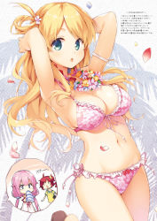 Rule 34 | 3girls, arm strap, arms behind head, arms up, bikini, blonde hair, blue eyes, blush, breasts, cleavage, flower, frilled bikini, frills, front-tie top, funia (koto channel), hair flower, hair ornament, koto-channel, large breasts, long hair, looking at viewer, mihama kosumi, multiple girls, navel, open mouth, original, petals, pink bikini, pink hair, red hair, rito (koto channel), senji (tegone spike), short hair, side-tie bikini bottom, swimsuit