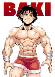 Rule 34 | 1boy, abs, bandages, brown hair, grappler baki, gym uniform, hanma baki, highres, looking at viewer, male focus, muscular, muscular arms, muscular legs, muscular male, pectorals, red eyes, scar, solo