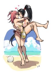 Rule 34 | 2girls, absurdres, ball, bare arms, bare legs, bare shoulders, barefoot, beach, beach volleyball, bikini, black eyes, black hair, blush, breasts, brown eyes, carrying, cleavage, cloud, couple, day, dead or alive, dead or alive 5, female focus, floral print, full body, hands up, happy, heart, highres, honoka (doa), kinuko (kinucakes), large breasts, long hair, momiji (ninja gaiden), multiple girls, ninja gaiden, outdoors, pink hair, ponytail, princess carry, sand, side-tie bikini bottom, side ponytail, sideboob, sky, smile, standing, sweat, swimsuit, thighs, very long hair, volleyball, volleyball (object), white bikini, yuri