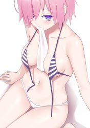Rule 34 | 1girl, bare arms, bare shoulders, between breasts, bikini, blush, breasts, closed mouth, collarbone, colored eyelashes, fate/grand order, fate (series), front-tie bikini top, front-tie top, hair over one eye, highres, jilu, mash kyrielight, medium breasts, mismatched bikini, mouth hold, naughty face, navel, pink hair, purple eyes, short hair, sitting, smile, solo, stomach, striped bikini, striped bikini top, striped clothes, swimsuit, thigh gap, untied bikini, white bikini
