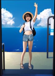 Rule 34 | 1girl, anklet, arm up, backpack, bag, black bag, black hair, blue shorts, blue sky, brown eyes, cloud, commentary request, day, denim, denim shorts, full body, half-closed eyes, hat, highres, holding strap, horizon, jewelry, looking at viewer, midriff, mmmo3, navel, no socks, ocean, open mouth, original, outdoors, sandals, shirt, short hair, short sleeves, shorts, shoulder strap, sign, sky, smile, solo, standing, sun hat, t-shirt, tied shirt, train station platform, waving