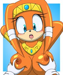 Rule 34 | 1girl, 2023, blue eyes, blush, breasts, furry, furry female, gloves, groping, highres, large breasts, looking at viewer, nipples, open mouth, orange fur, pinup (style), pov, solo focus, sonic (series), sonicguru, tikal the echidna