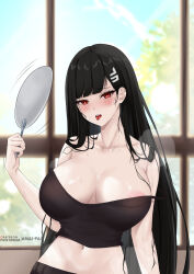 Rule 34 | 1girl, absurdres, amai-pai, artist name, black hair, blue archive, blurry, blurry background, breasts, collarbone, hair ornament, hairpin, hand fan, highres, holding, holding fan, indoors, large breasts, long hair, looking at viewer, navel, open mouth, red eyes, rio (blue archive), solo, sweat, tongue, tongue out, upper body