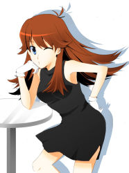 Rule 34 | 1girl, antenna hair, aquarea, armpits, bare shoulders, black dress, blue eyes, breasts, brown hair, clenched hands, creatures (company), dress, earrings, elbow rest, eyelashes, female focus, game freak, gloves, green (pokemon), hand on own hip, hand on own face, hand up, jewelry, leaning to the side, legs, long hair, medium breasts, neck, nintendo, one eye closed, parted bangs, pokemon, pokemon adventures, short dress, side slit, sidelocks, simple background, sleeveless, sleeveless dress, sleeveless turtleneck, standing, thighs, tight clothes, tight dress, turtleneck, turtleneck dress, white background, white gloves, wink